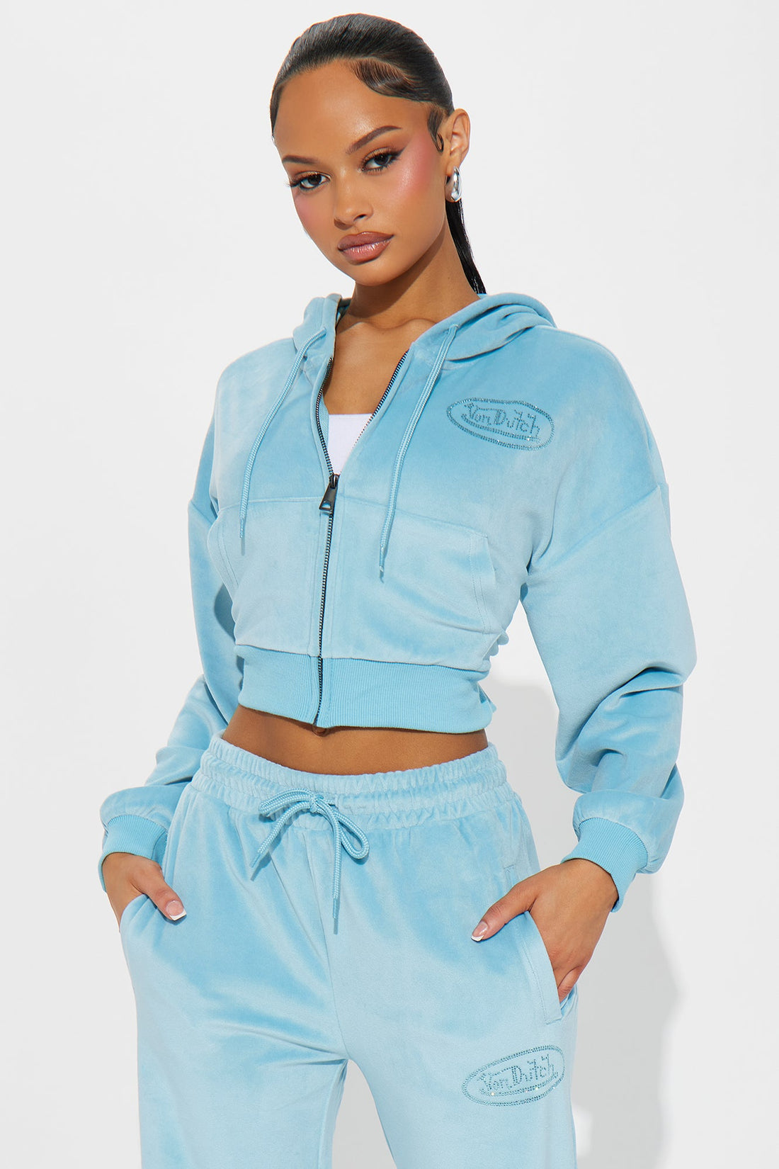 Von Dutch Velour Rhinestone Hoodie - Blue
