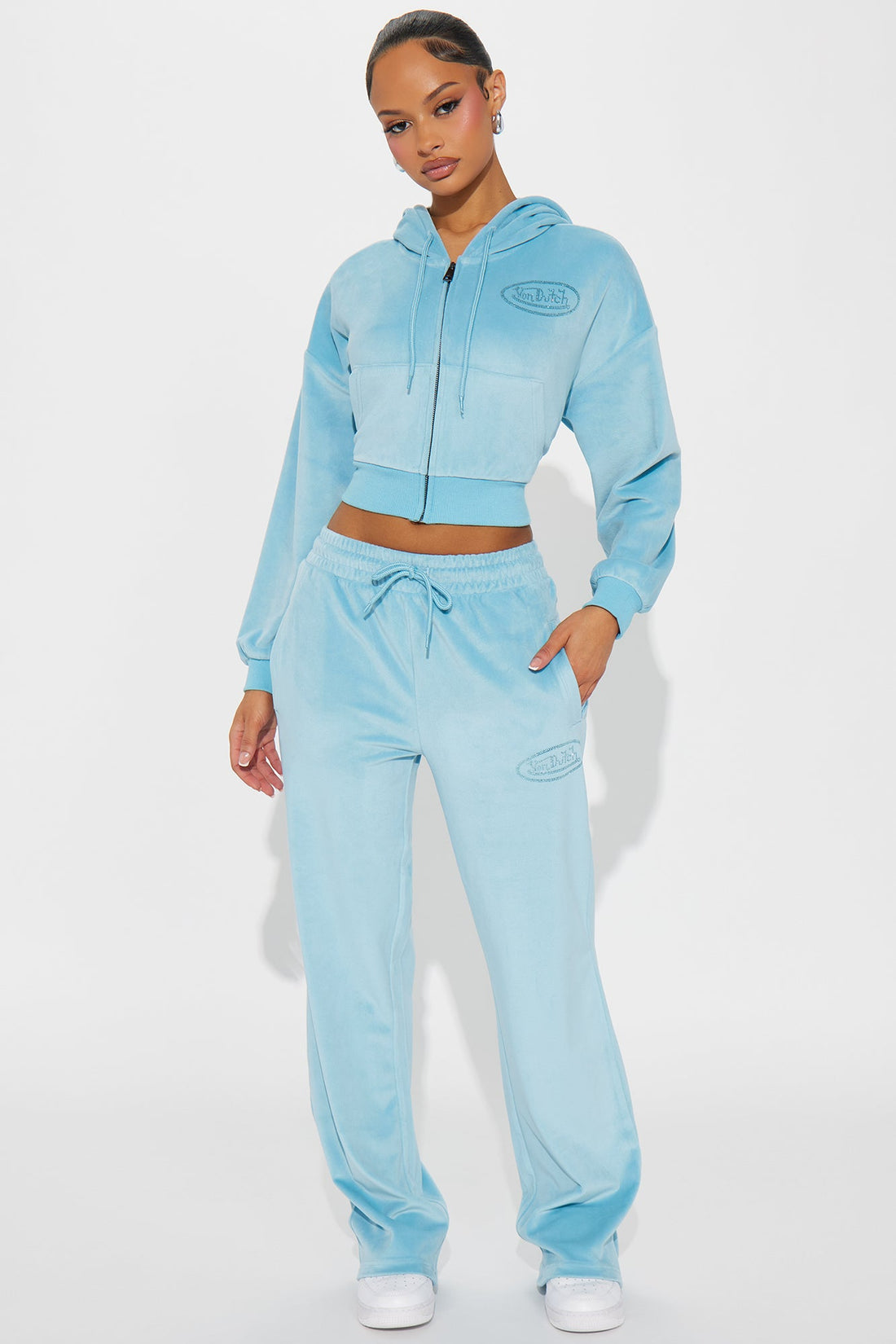 Von Dutch Velour Rhinestone Wide Leg Pant - Blue