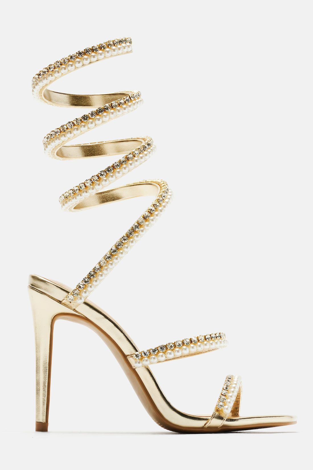 Maeve Embellished Pearl Wrap Up Heels - Gold