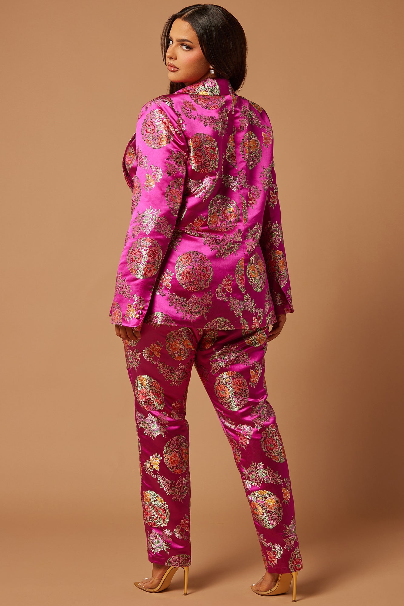 Margo Satin Embroidered Blazer Suit Set - Fuchsia