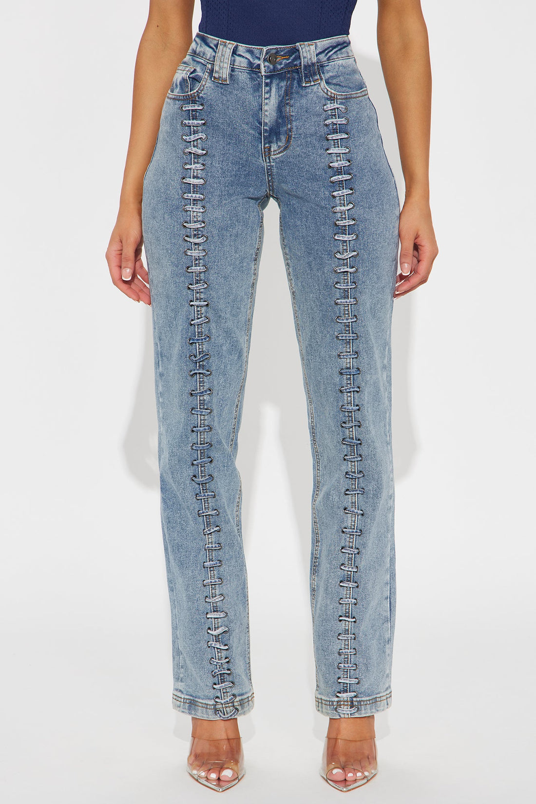 In The Hills Lace Up Straight Leg Jeans - Vintage Wash