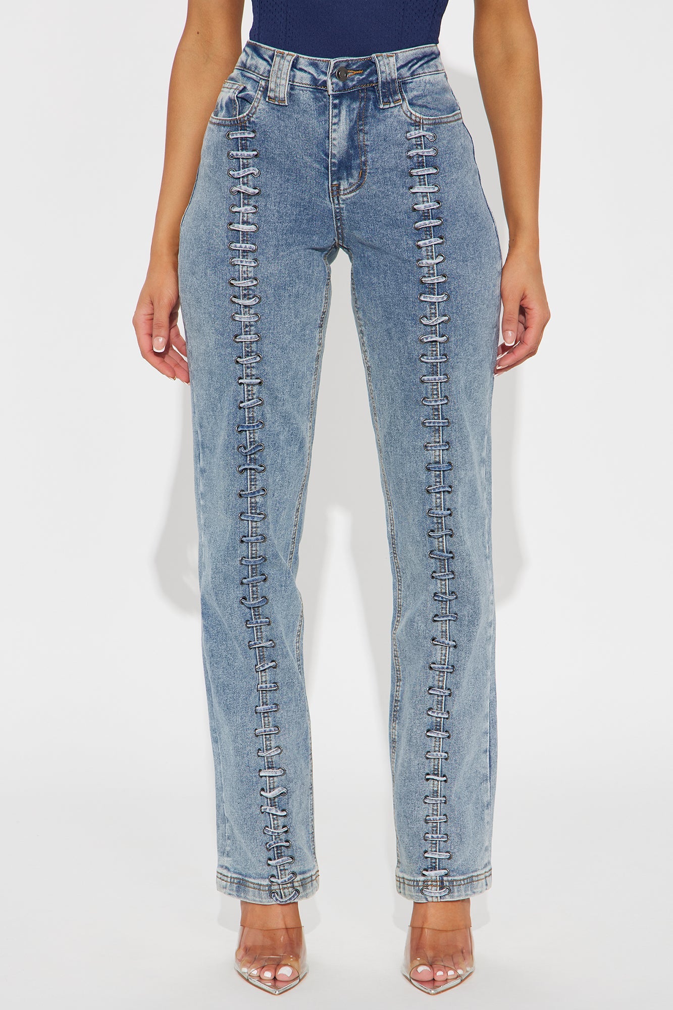 In The Hills Lace Up Straight Leg Jeans - Vintage Wash