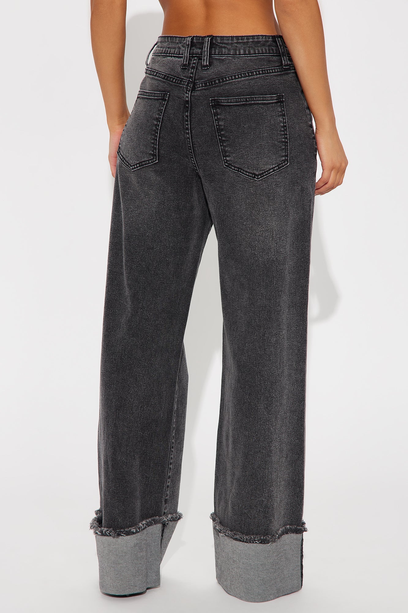 All The While Cuffed Wide Leg Jeans - Black Wash