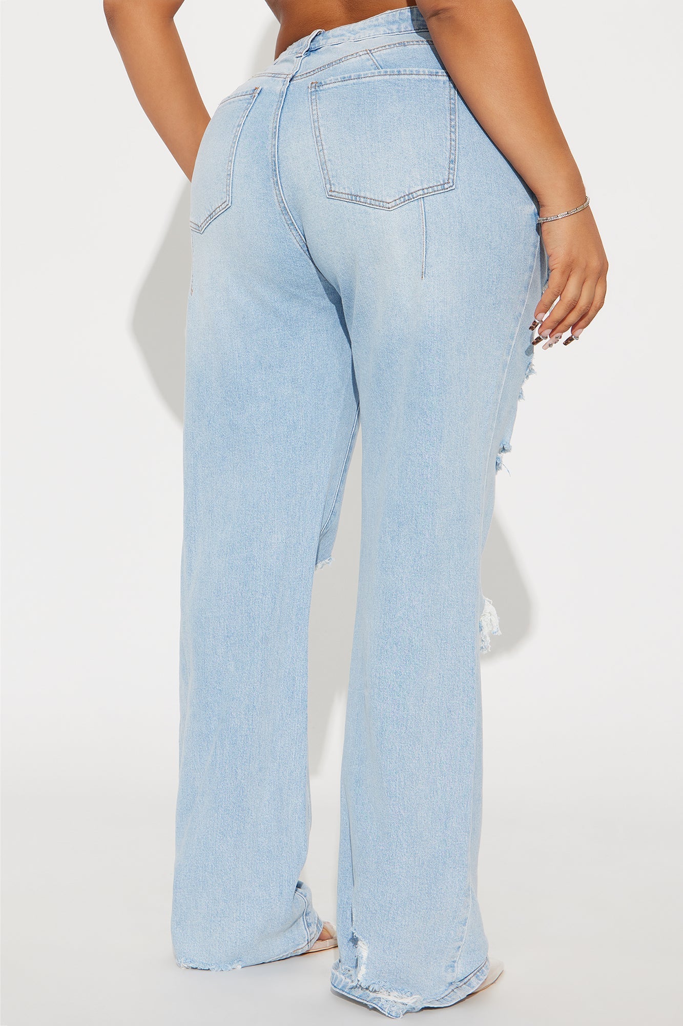 Posted Stretch Ripped Straight Leg Jeans - Light Wash