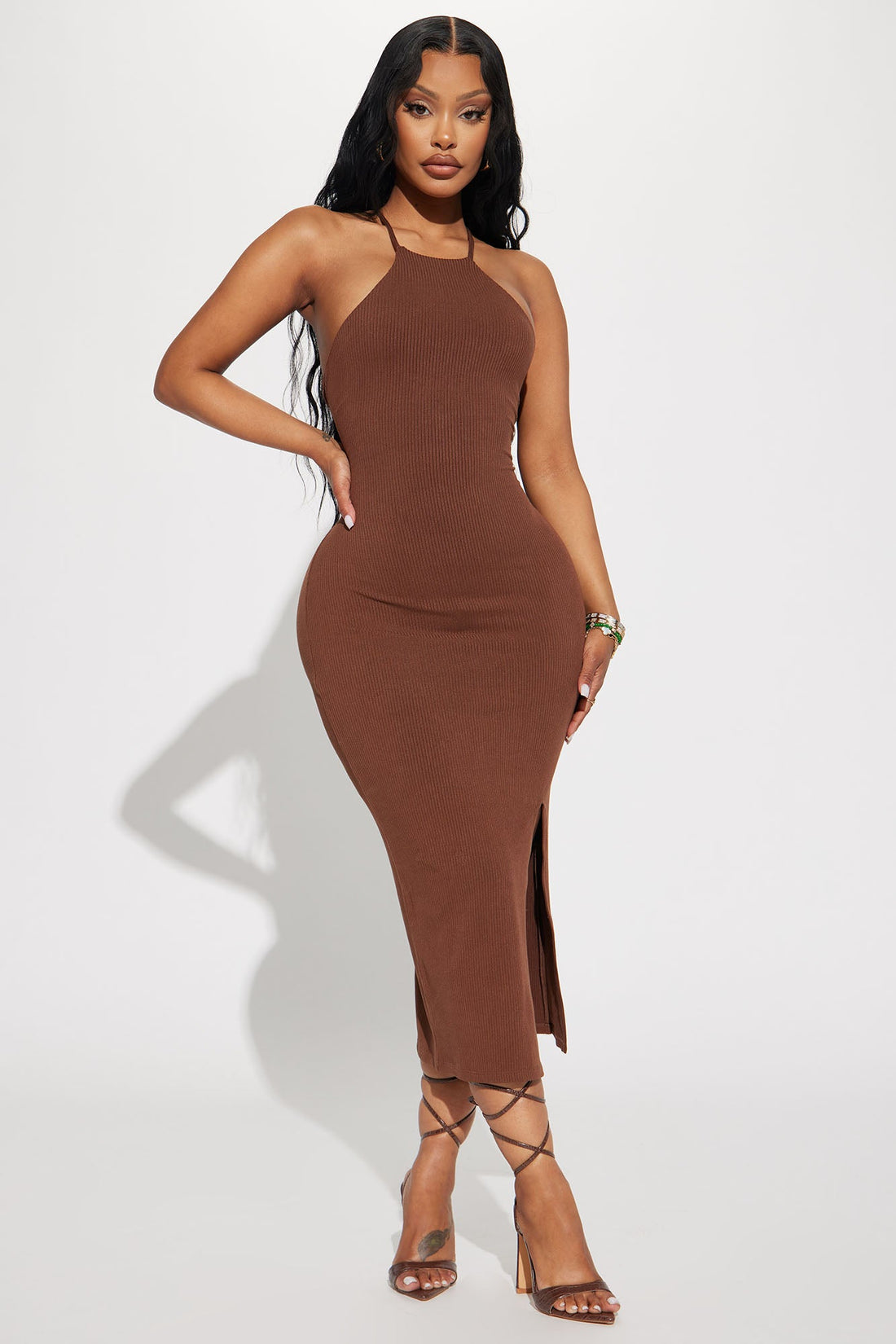 Jill Ribbed Midi Dress - Brown