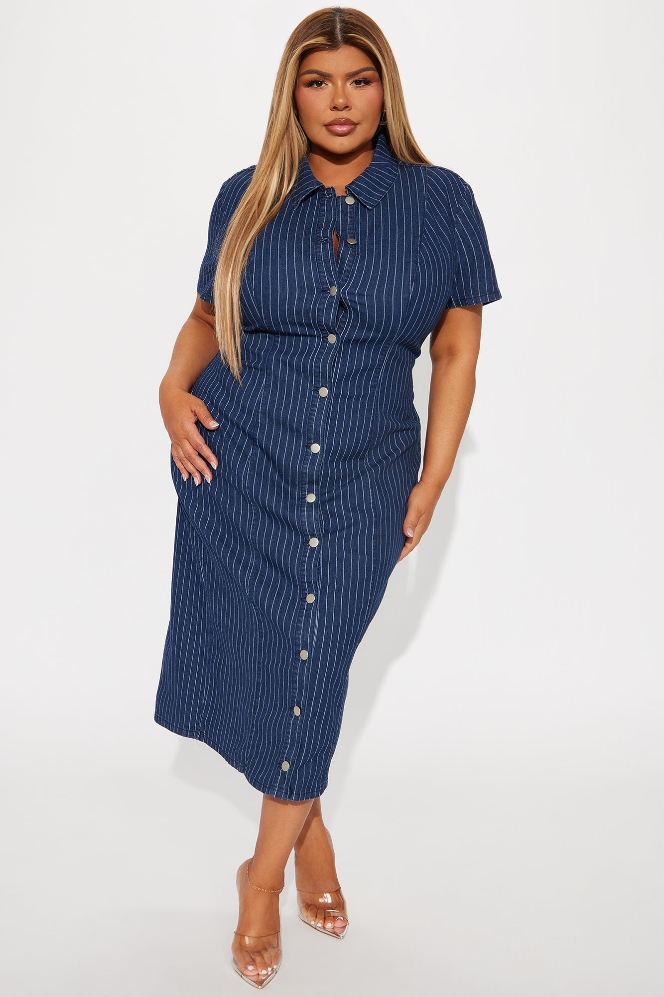 Yemaya Pinstripe Stretch Denim Midi Dress - Dark Wash