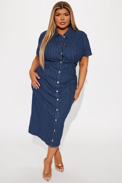Yemaya Pinstripe Stretch Denim Midi Dress - Dark Wash