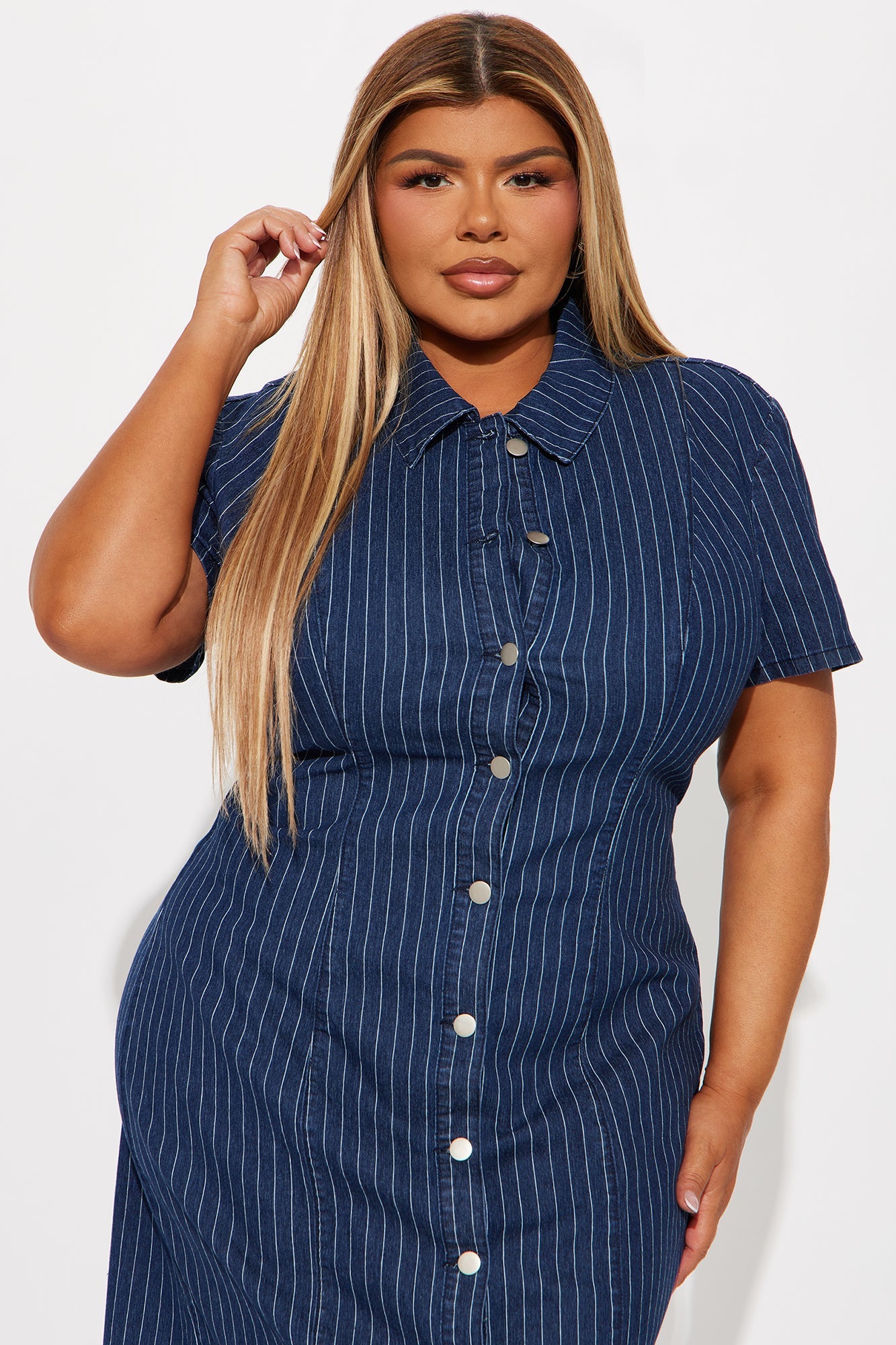 Yemaya Pinstripe Stretch Denim Midi Dress - Dark Wash