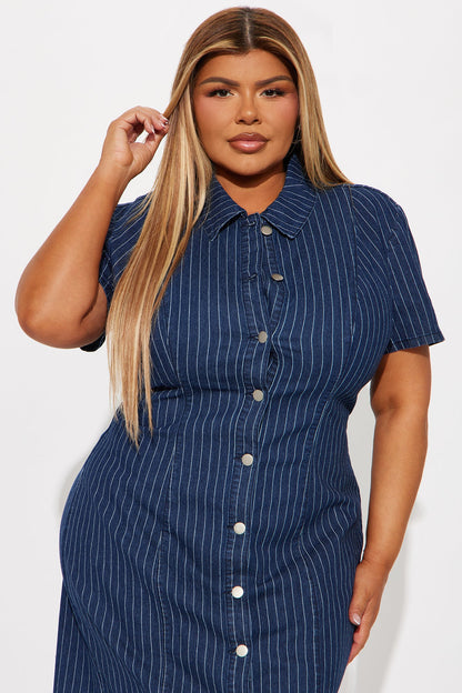Yemaya Pinstripe Stretch Denim Midi Dress - Dark Wash