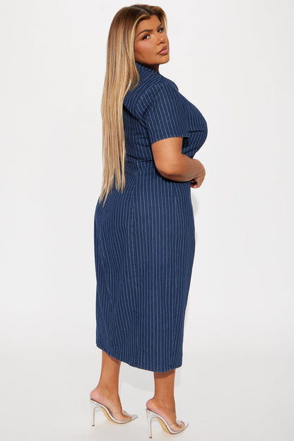 Yemaya Pinstripe Stretch Denim Midi Dress - Dark Wash