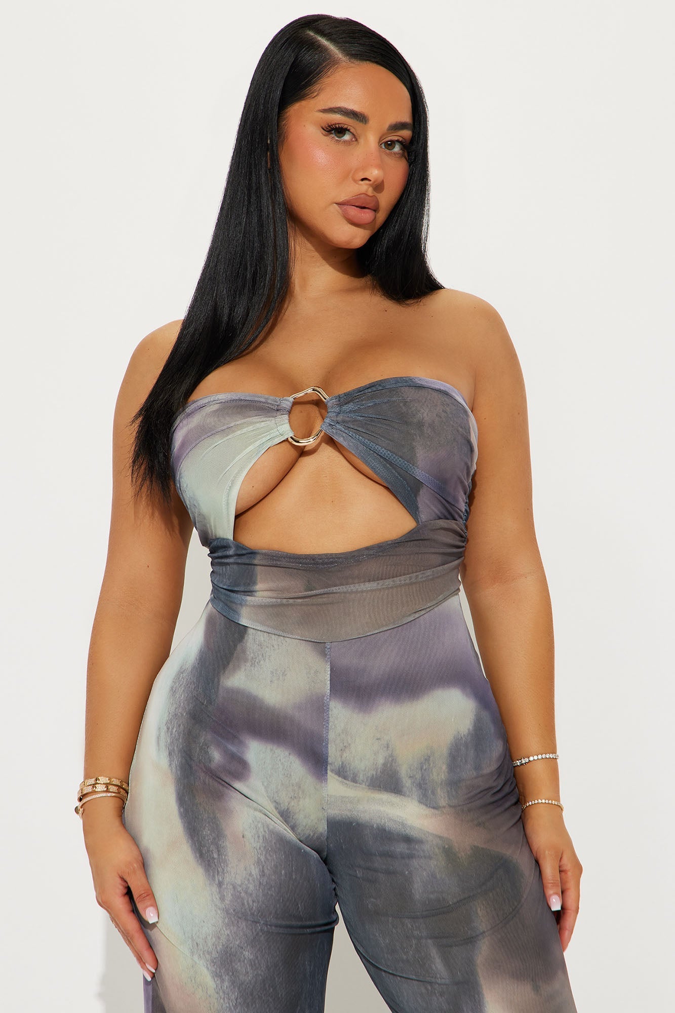 Soraya Strapless Mesh Cut Out Jumpsuit - Grey/combo