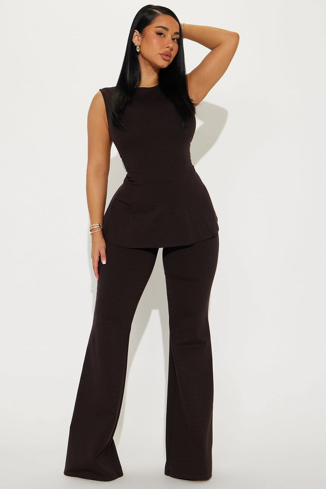 The Ava Peplum Pant Set - Brown