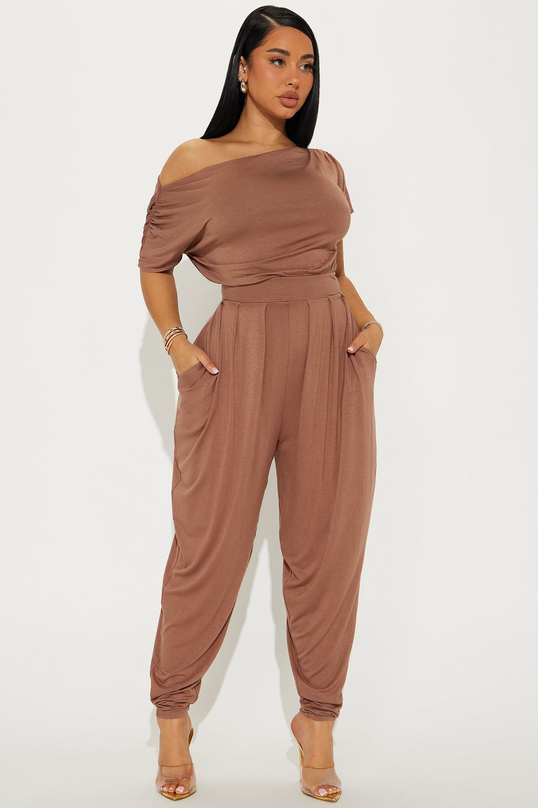 Emmaline Short Sleeve Jogger Jumpsuit - Mocha