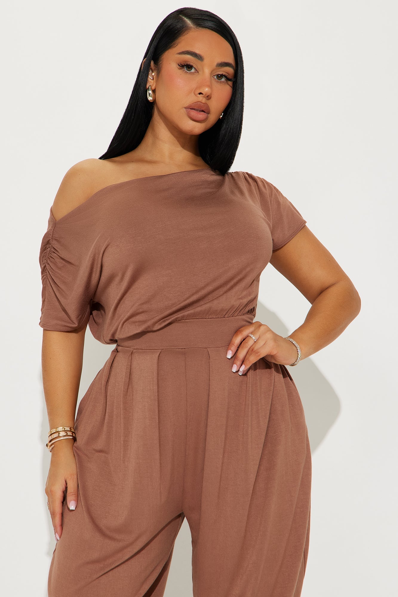 Emmaline Short Sleeve Jogger Jumpsuit - Mocha