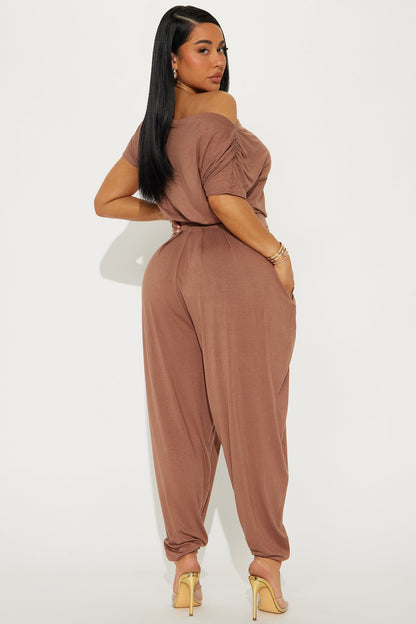 Emmaline Short Sleeve Jogger Jumpsuit - Mocha