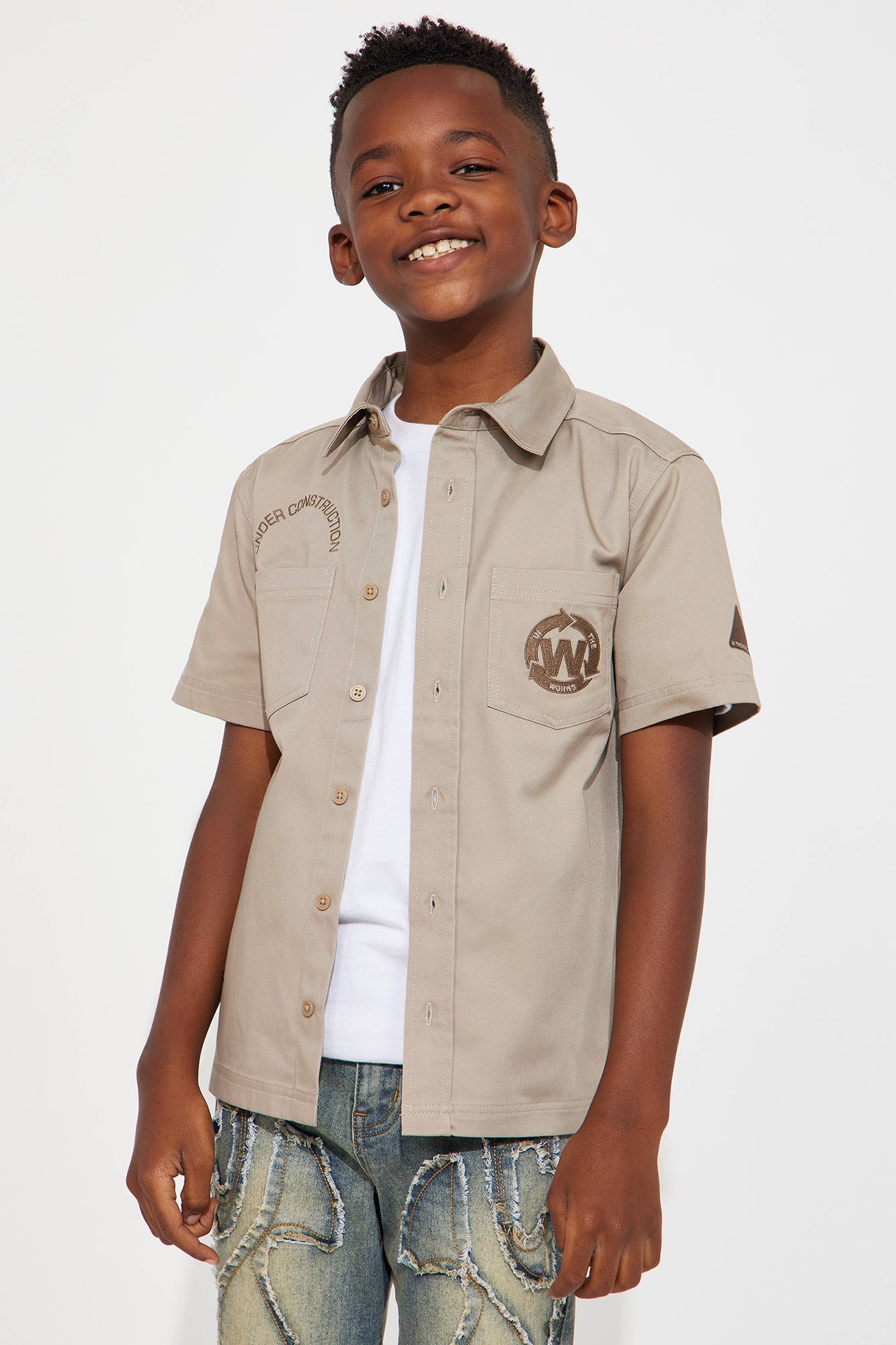 Mini In The Works Short Sleeve Button Up Shirt - Stone