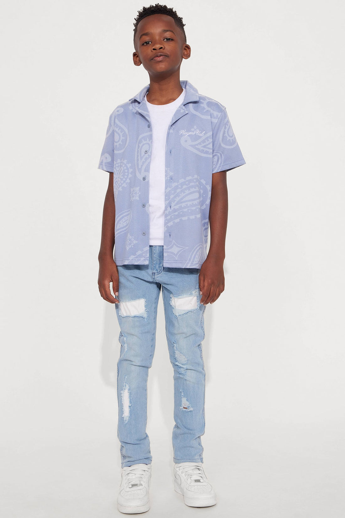 Mini Heritage Paisley Short Sleeve Button Up - Light Blue