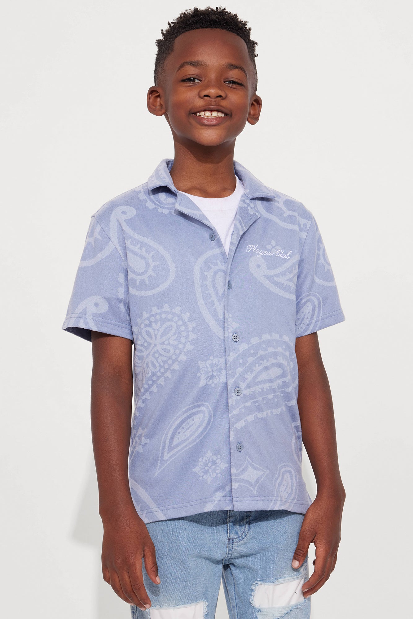 Mini Heritage Paisley Short Sleeve Button Up - Light Blue