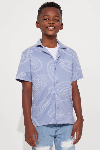 Mini Heritage Paisley Short Sleeve Button Up - Light Blue
