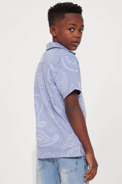 Mini Heritage Paisley Short Sleeve Button Up - Light Blue