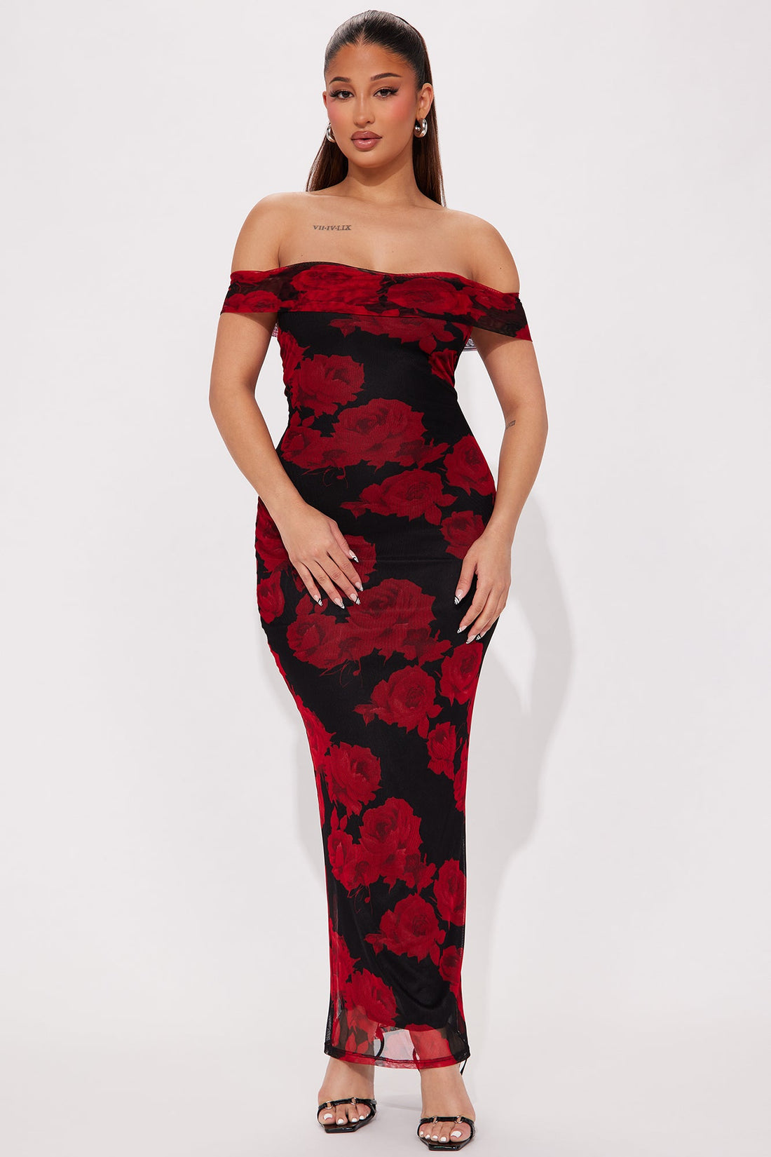 Savannah Roses Mesh Maxi Dress - Red/combo