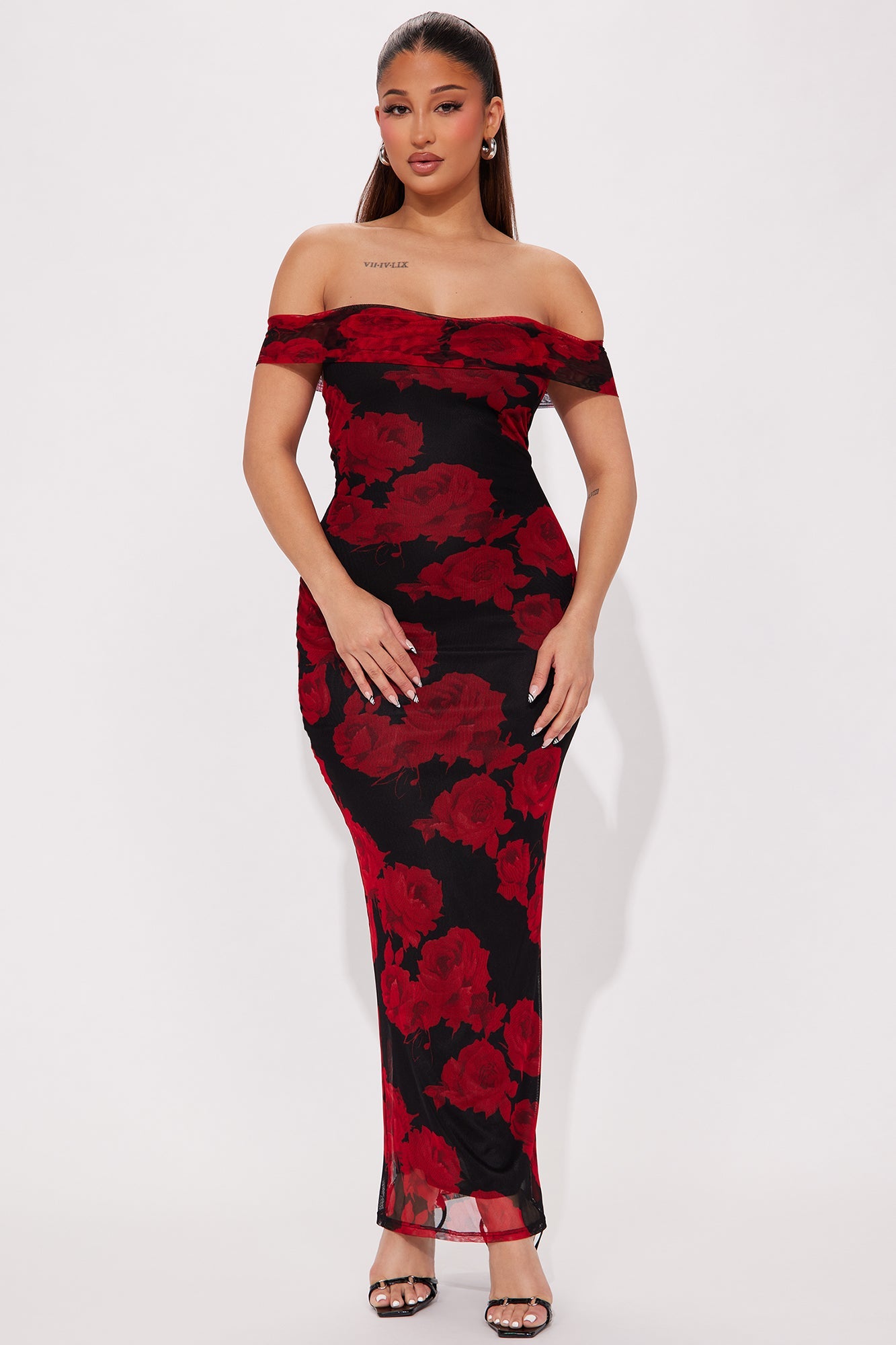 Savannah Roses Mesh Maxi Dress - Red/combo