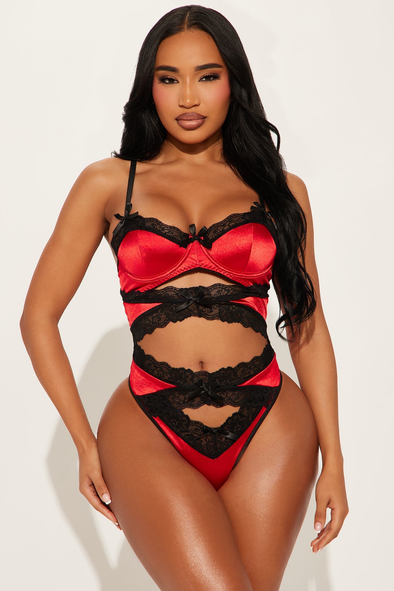 Be Your Fantasy Lace Satin Cut Out Teddy - Red/Black