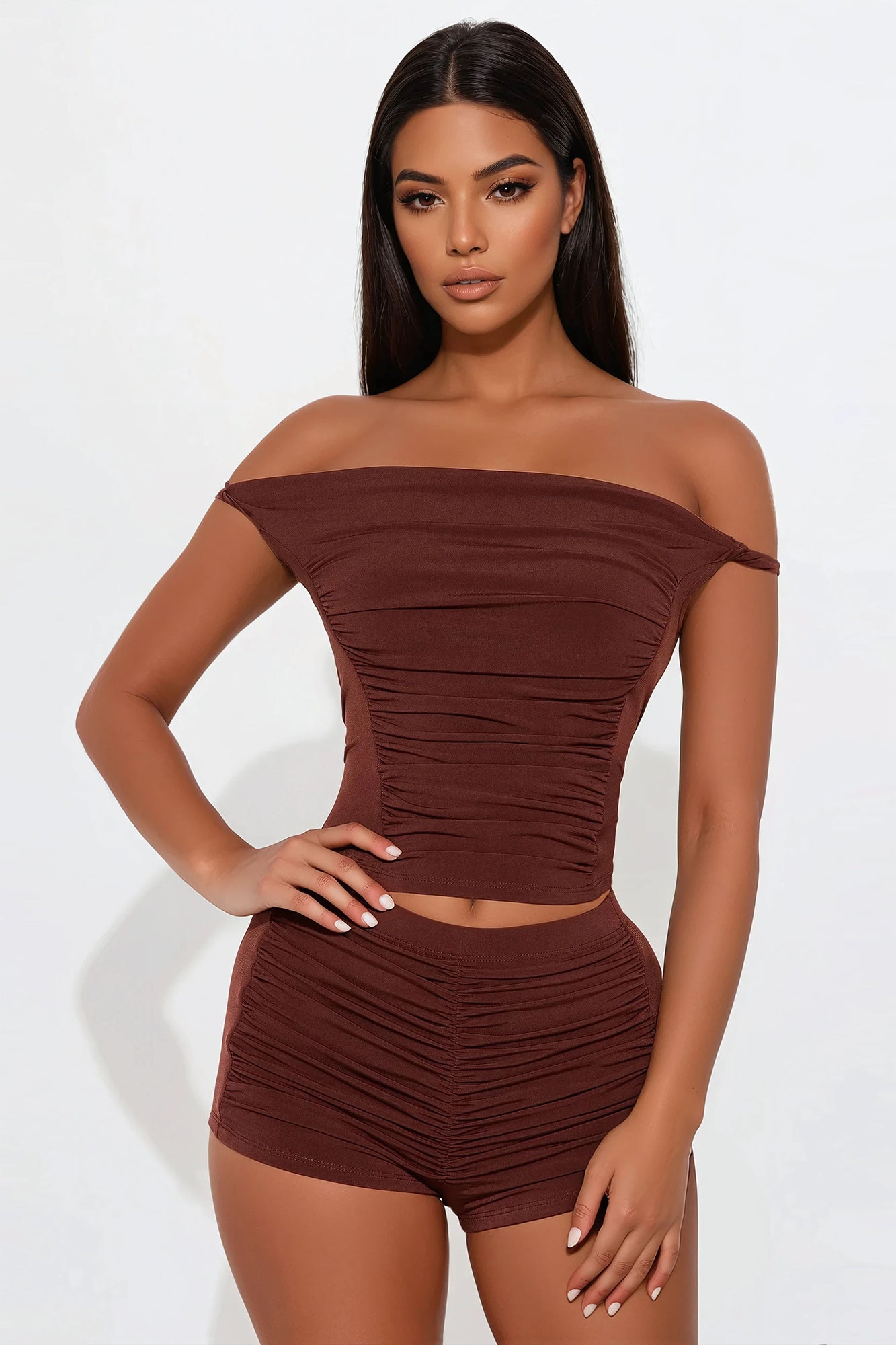 Vanessa Off Shoulder Micro Short Set - Brown