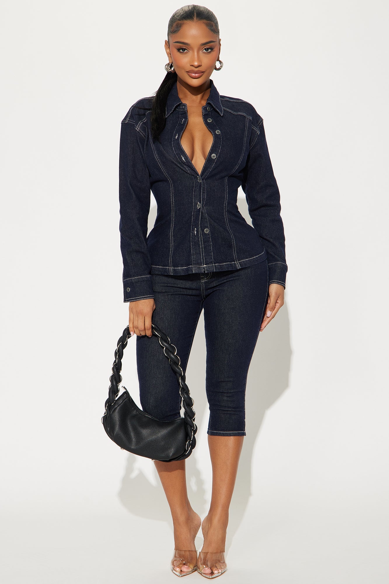 Yara Denim Capri Pant Set - Dark Wash