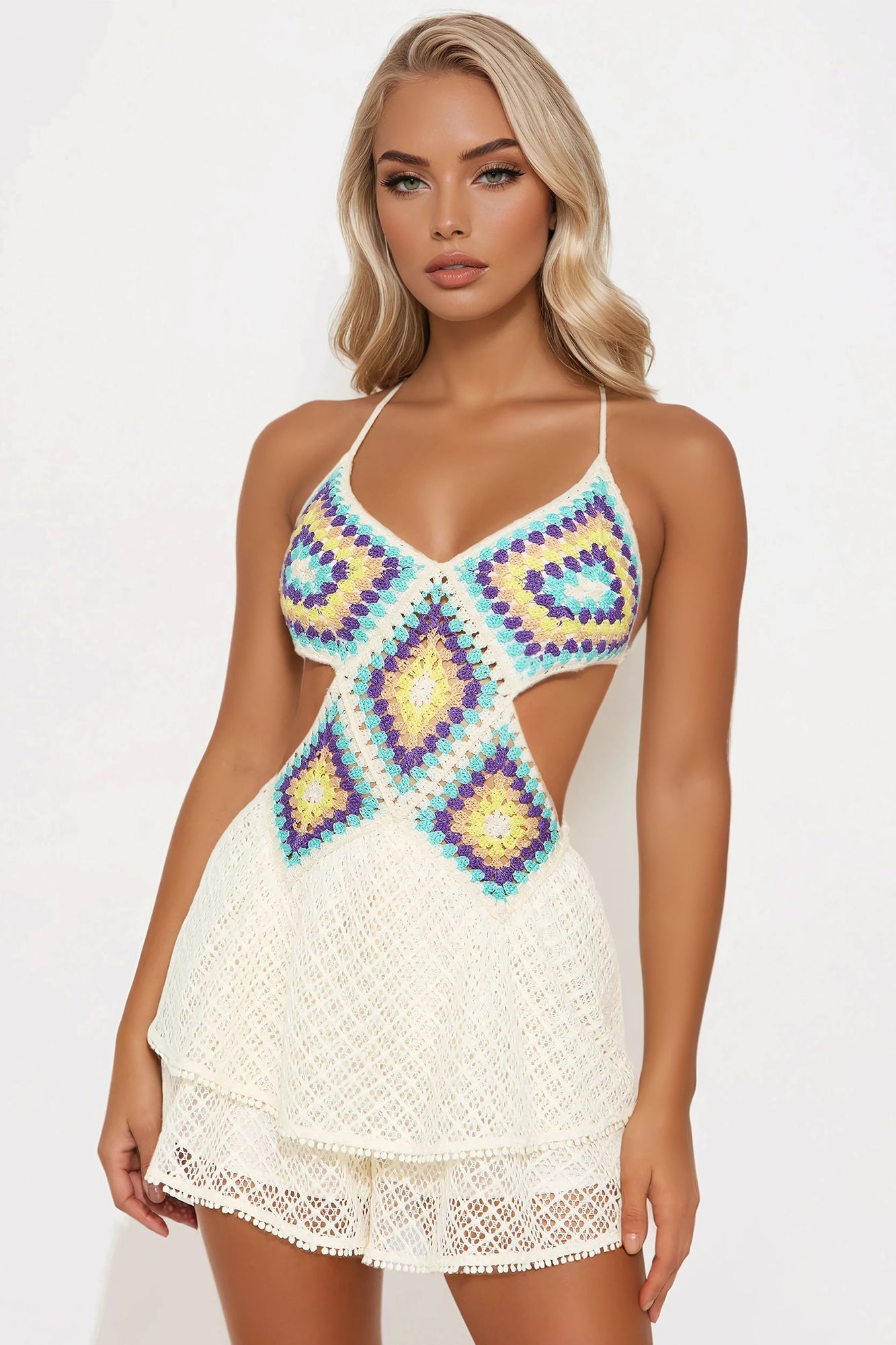 Lost In Italy Crochet Romper - Cream/combo