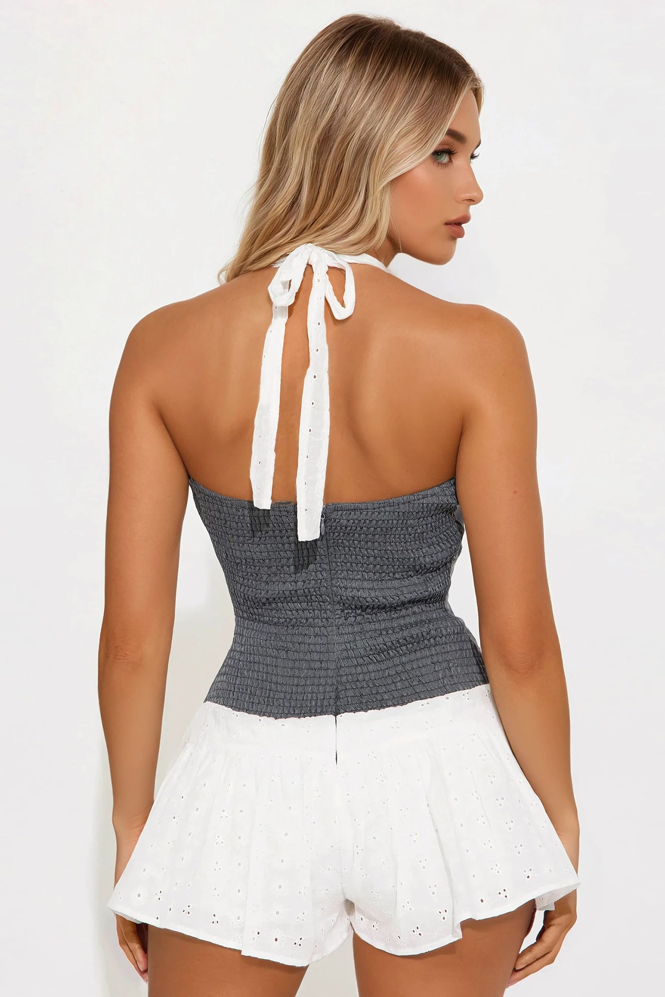 Snuck Away Eyelet Halter Romper - Grey/combo