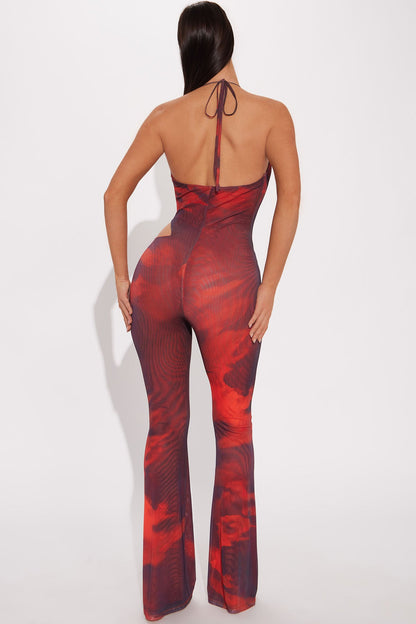 In Your Head Mesh Jumpsuit - Red/combo