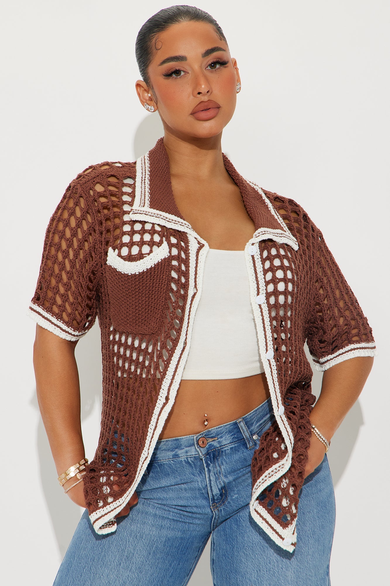 Delphine Oversized Crochet Shirt - Chocolate/Combo