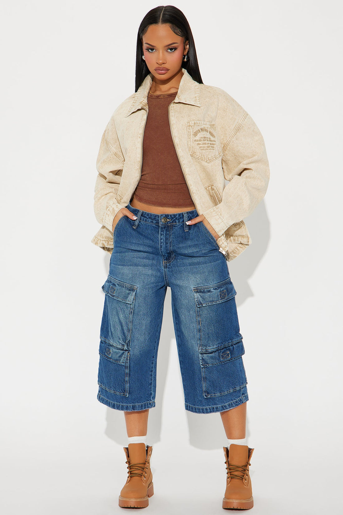 Denize High Rise Cargo Denim Jorts - Medium Wash