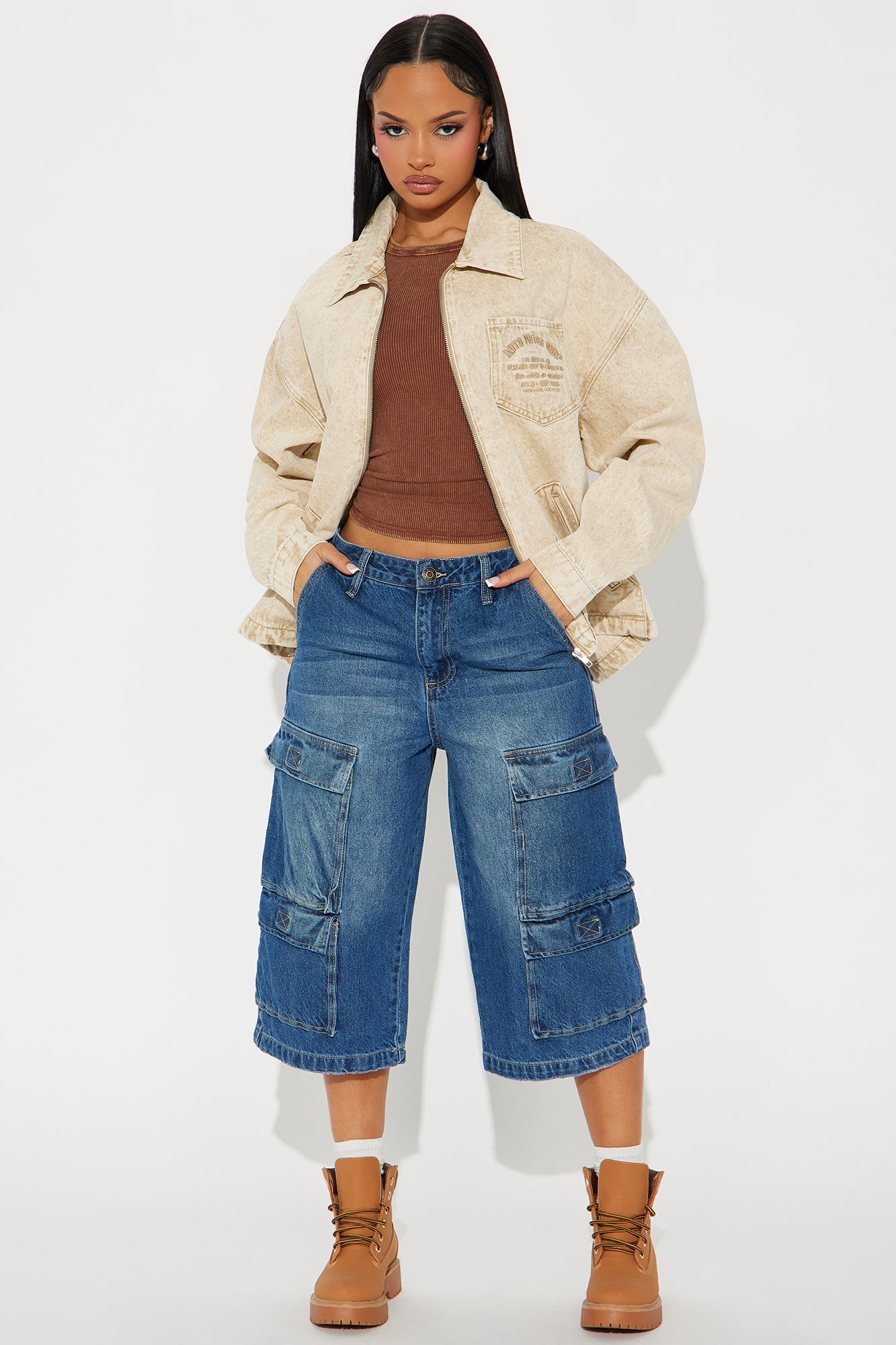 Denize High Rise Cargo Denim Jorts - Medium Wash
