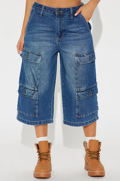 Denize High Rise Cargo Denim Jorts - Medium Wash