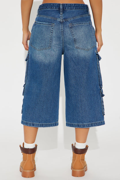 Denize High Rise Cargo Denim Jorts - Medium Wash