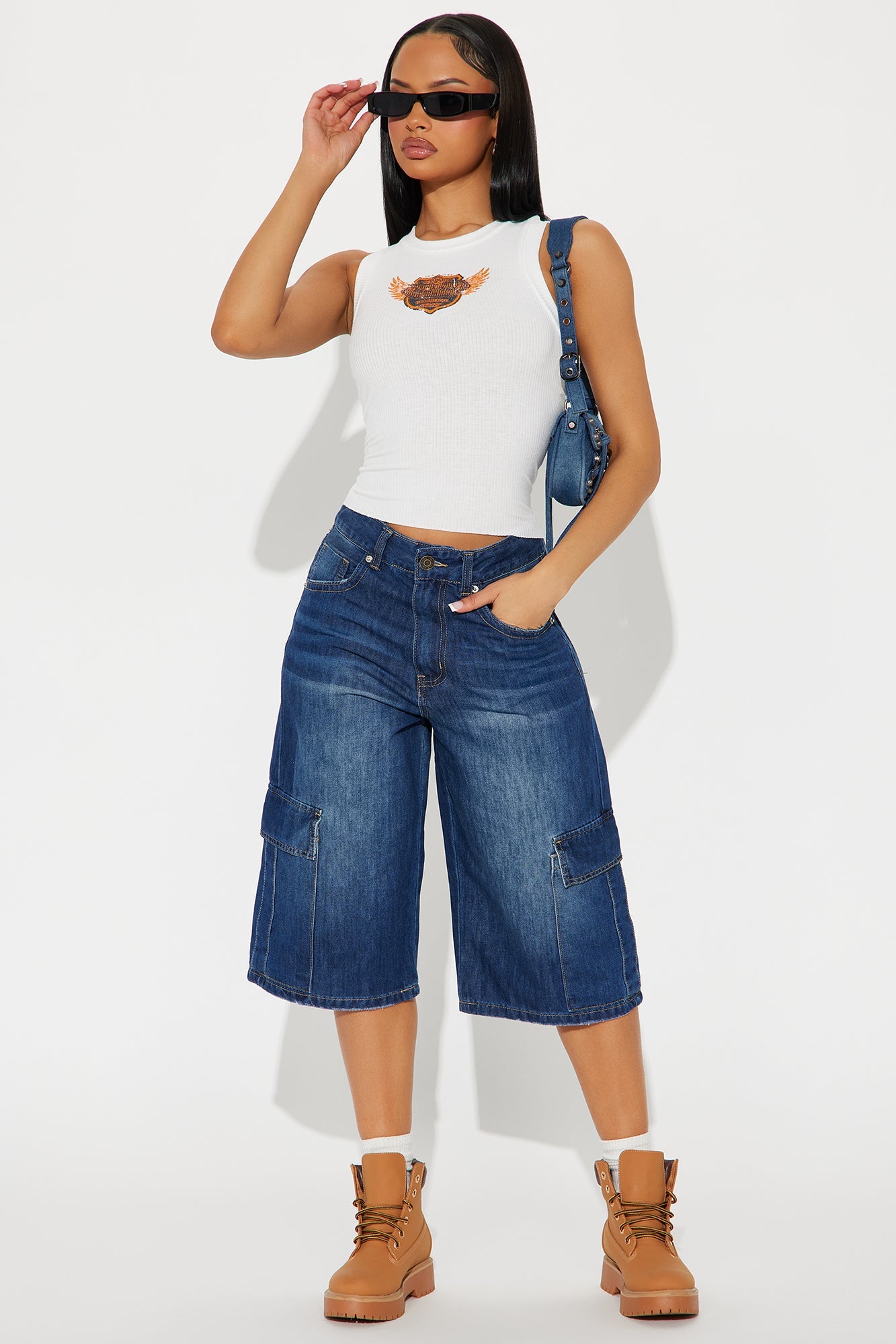 Tell The Truth Relaxed Cargo Denim Jorts - Dark Wash