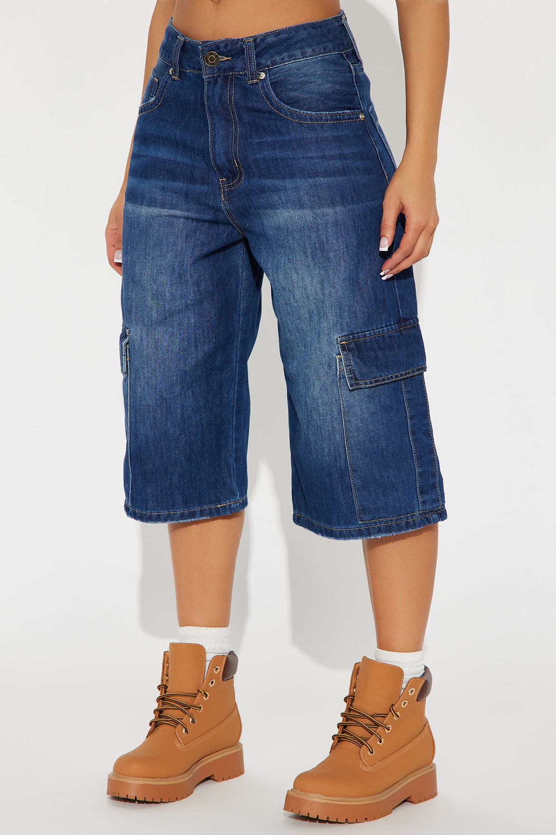 Tell The Truth Relaxed Cargo Denim Jorts - Dark Wash