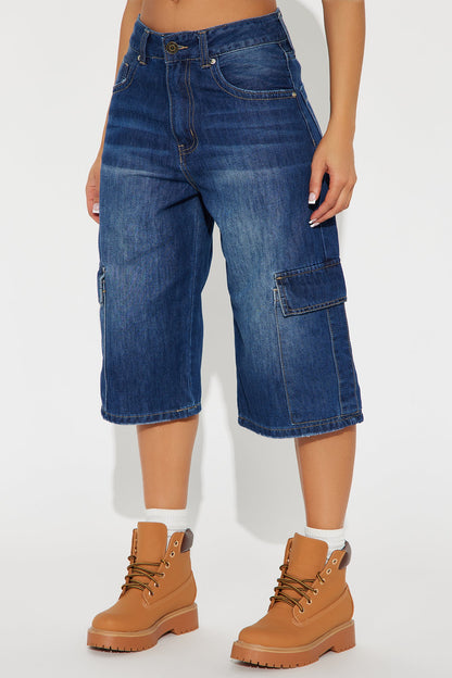 Tell The Truth Relaxed Cargo Denim Jorts - Dark Wash