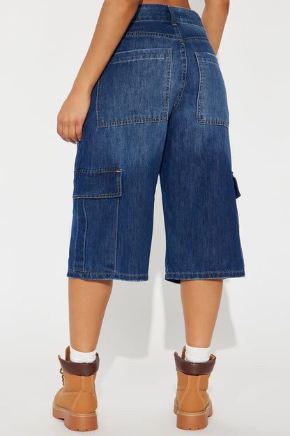 Tell The Truth Relaxed Cargo Denim Jorts - Dark Wash
