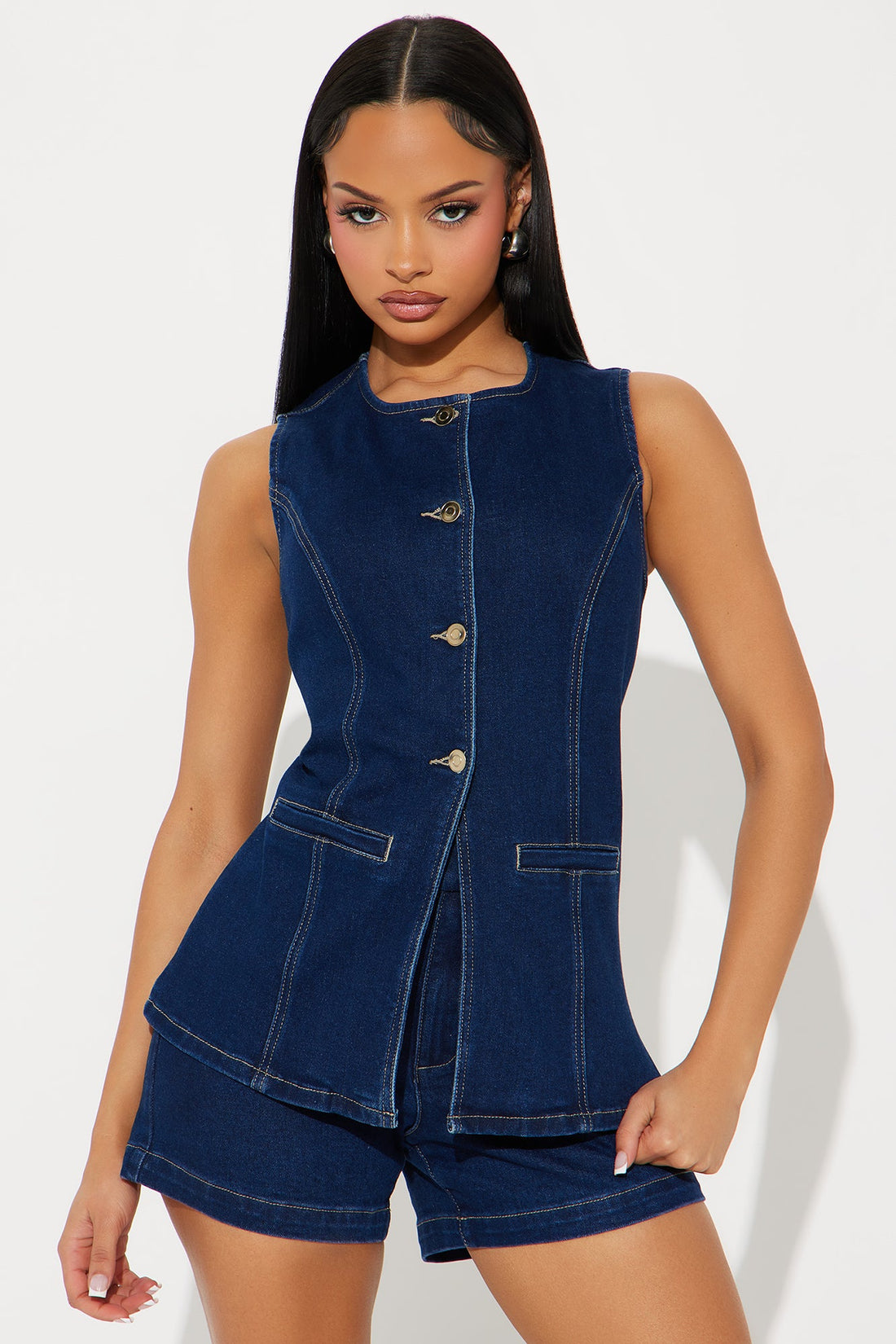 Caught In A Moment Denim Short Set - Dark Wash