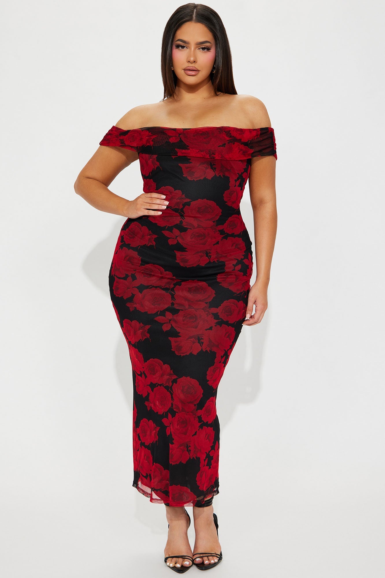 Savannah Roses Mesh Maxi Dress - Red/combo