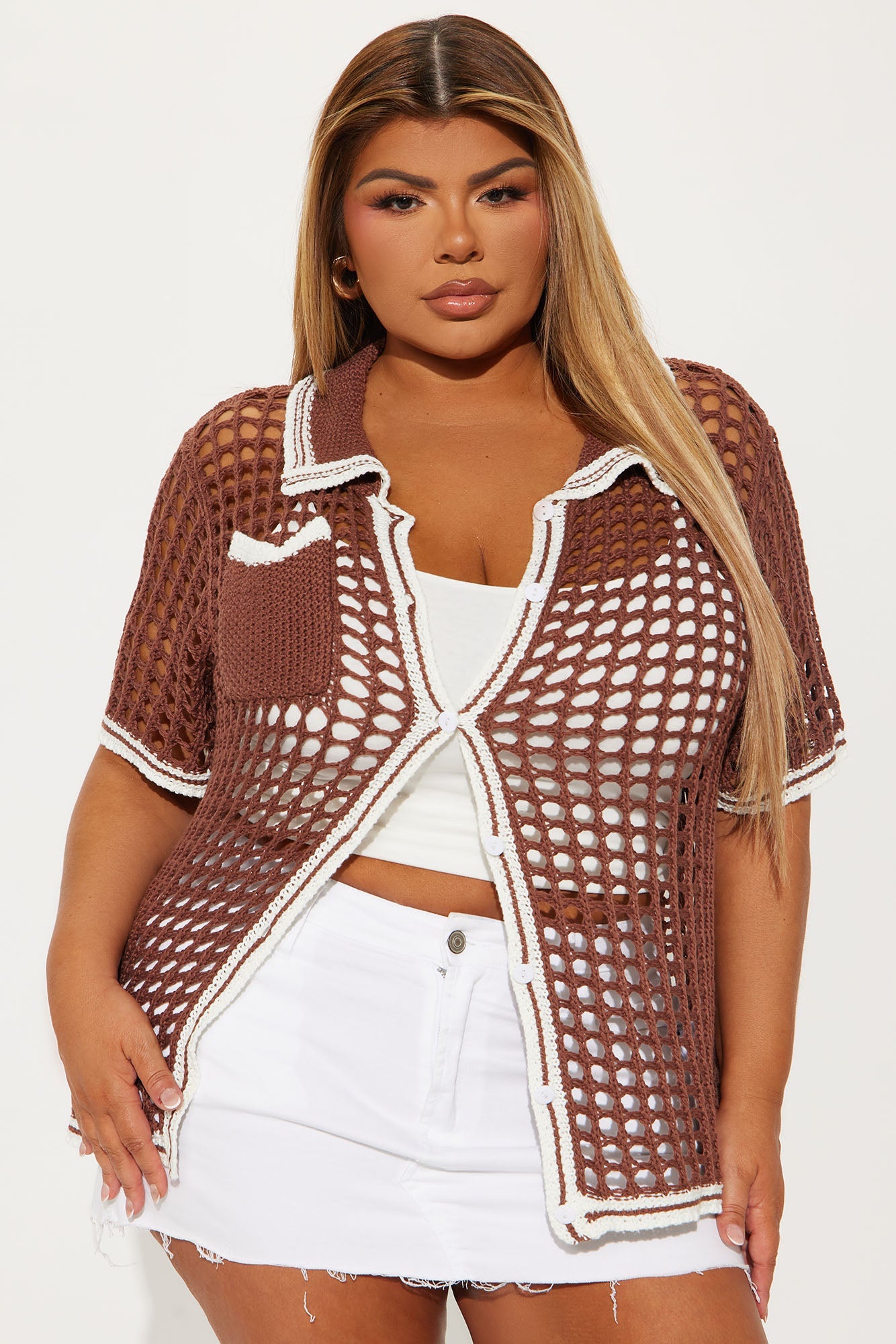 Delphine Oversized Crochet Shirt - Chocolate/Combo