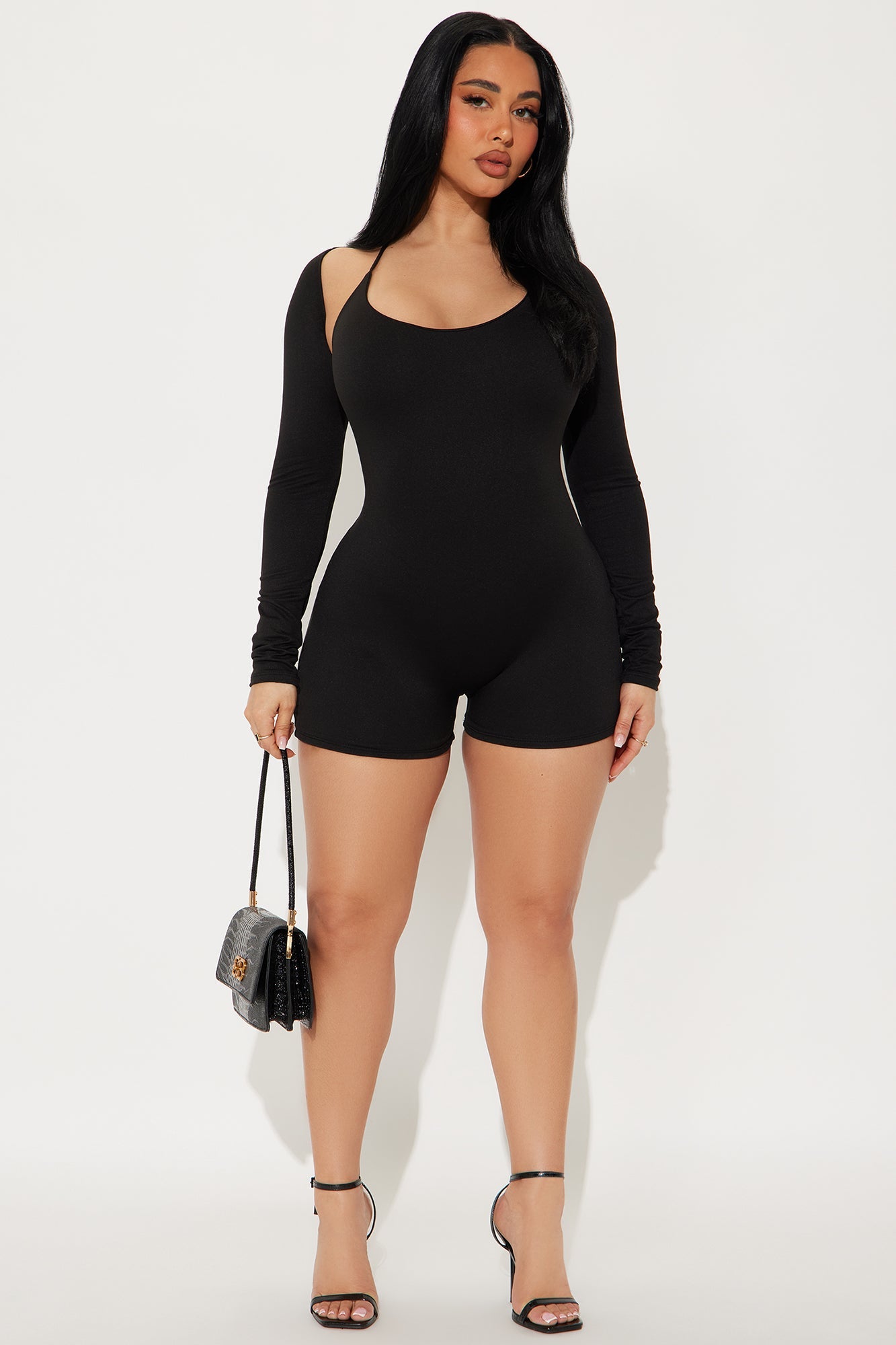 Connie Long Sleeve Halter Romper - Black