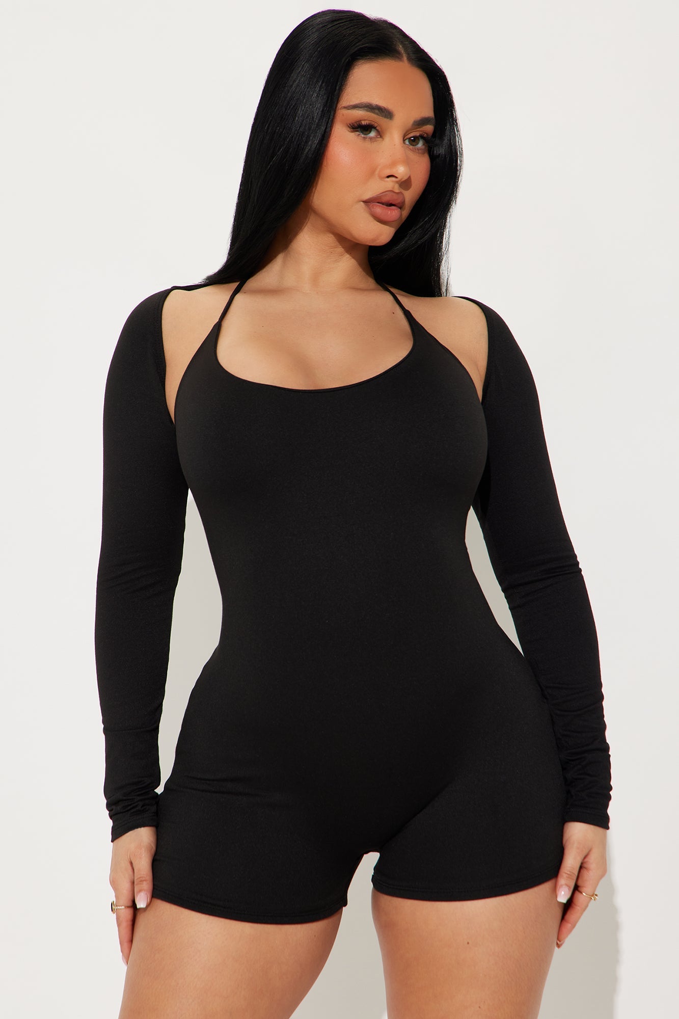Connie Long Sleeve Halter Romper - Black