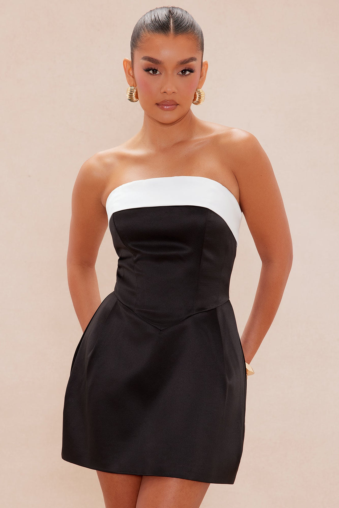 Emily Satin Mini Dress - Black/White