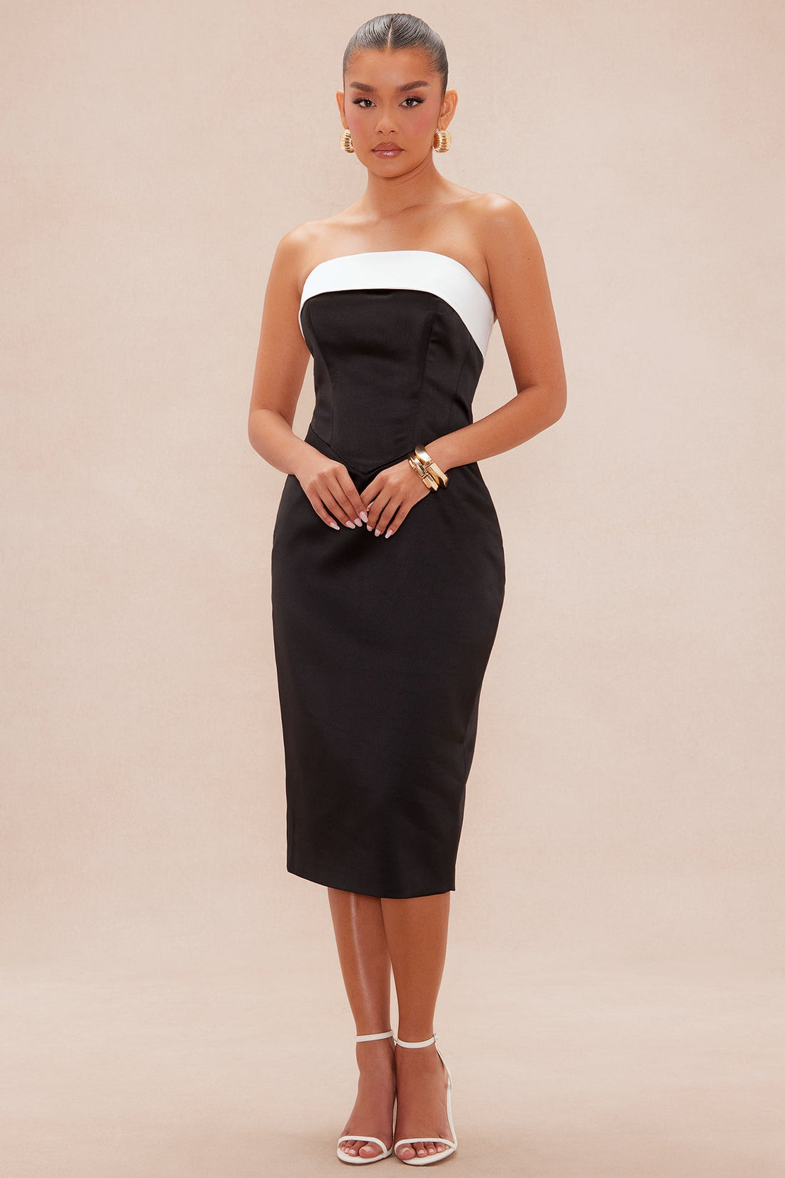 Emily Satin Midi Dress - Black/White