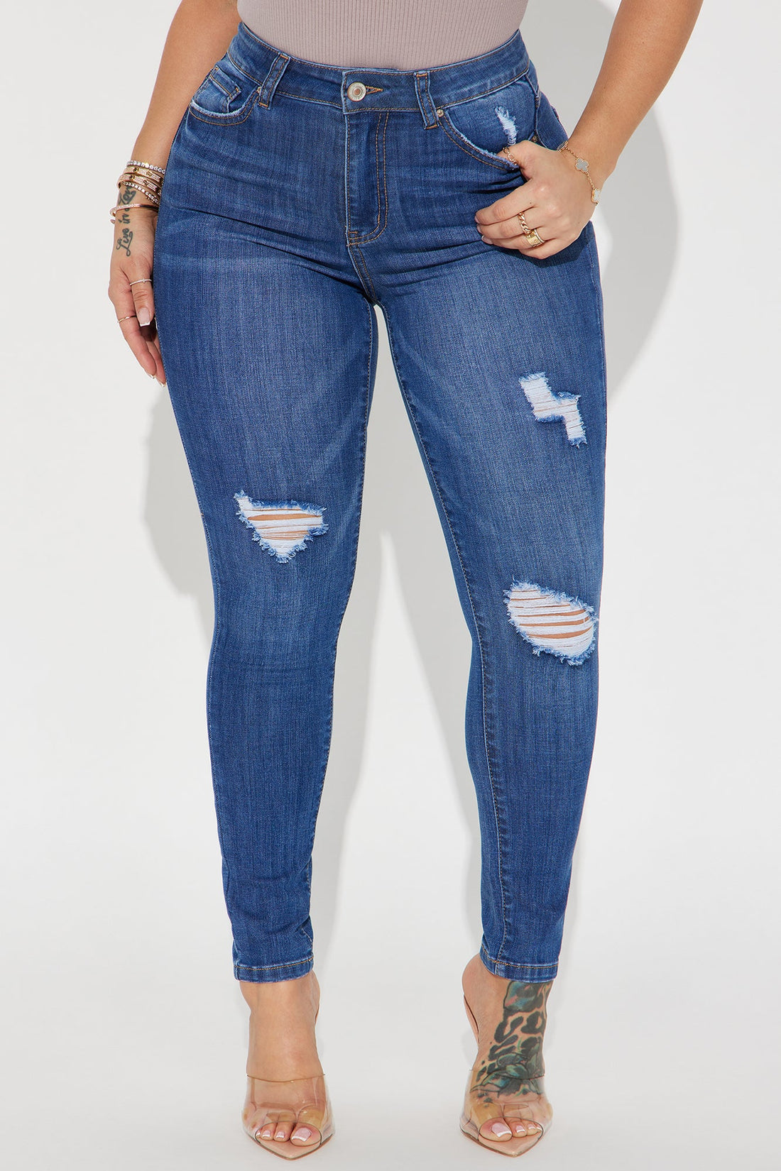Higher Frequency Stretch Ripped Skinny Jeans - Medium Wash