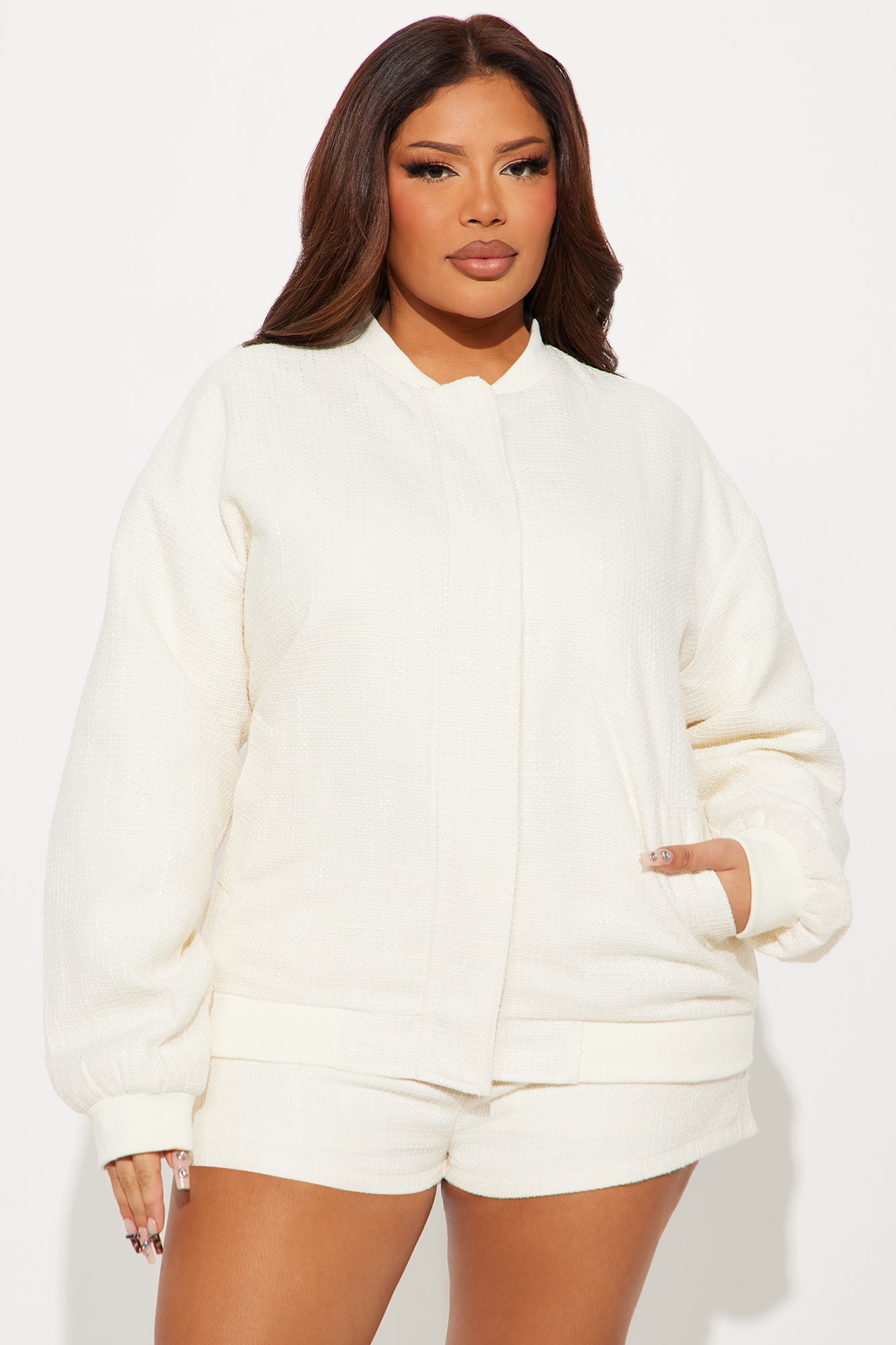 Cheryl Tweed Oversized Bomber Jacket - Cream